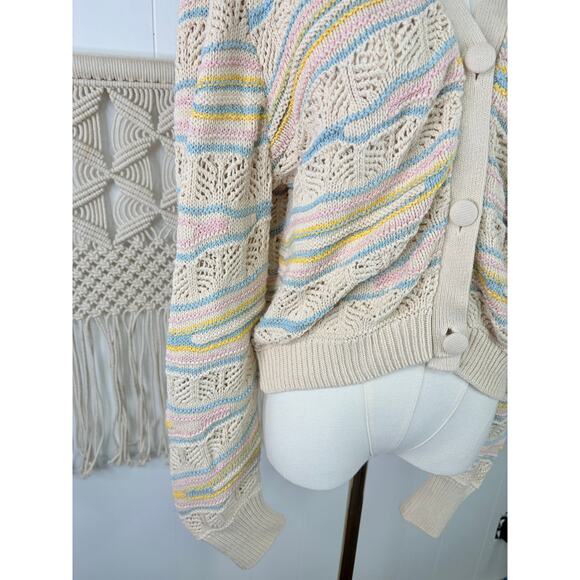 Zara Pastel Stripe Pointelle Knit Crochet Cardigan Sweater Mediuim - Picture 5 of 11
